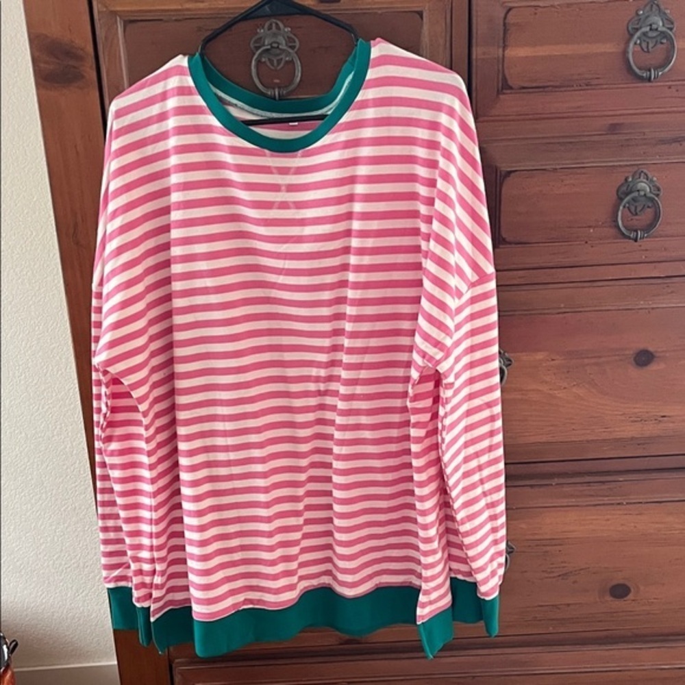 Pink and White Striped Top with Green Trim NWOT